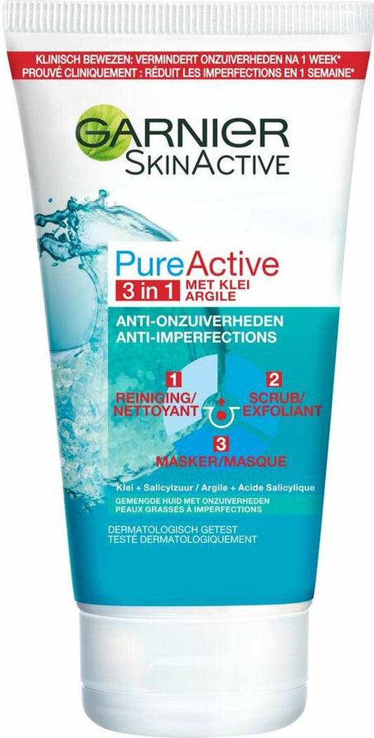 Garnier - PureActive 3-in-1 Masker met Klei Argile voor de Gemengde Huid met Onzuiverheden - 2 x 150ml - Tegen mee-eters en onzuiverheden - Voordeelverpakking