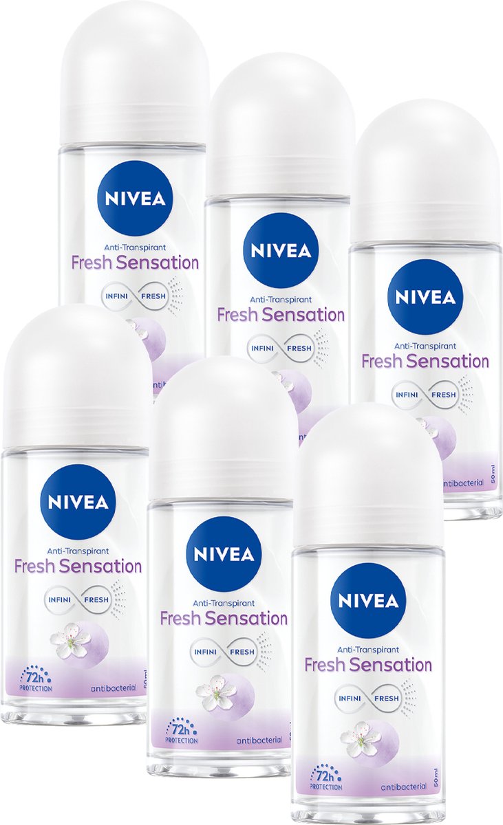 NIVEA Fresh Sensation Anti-transpirant Deodorant roller - 72 uur bescherming - Antibacterieel - Alcoholvrij - Geur van bloemen en bessen - 6 x 50 ml - Voordeelverpakking