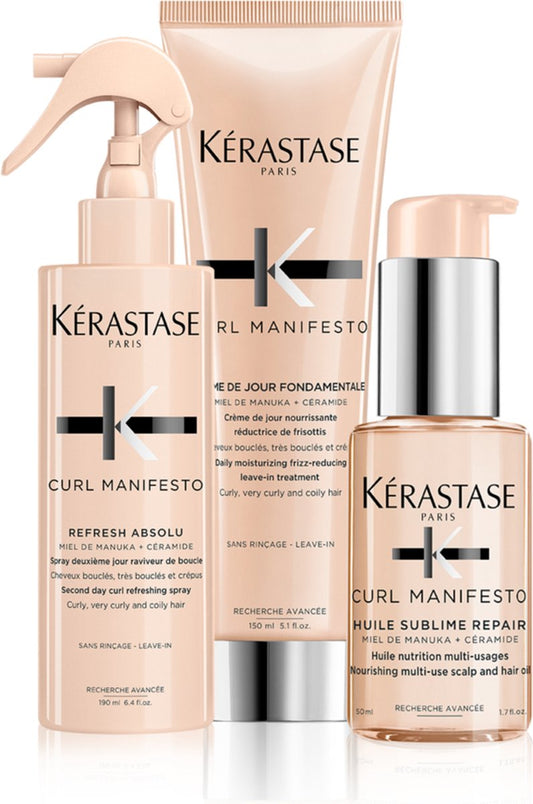 Kerastase Curl Manifesto Krullend haar styling pakket - Krultype 3 / 4 -  Crème De Jour - Leave-in Conditioner 150 ml - Huile Sublime Repair Haarolie 50ml - Refresh Absolu Krulverfrissende Spray 190ml-