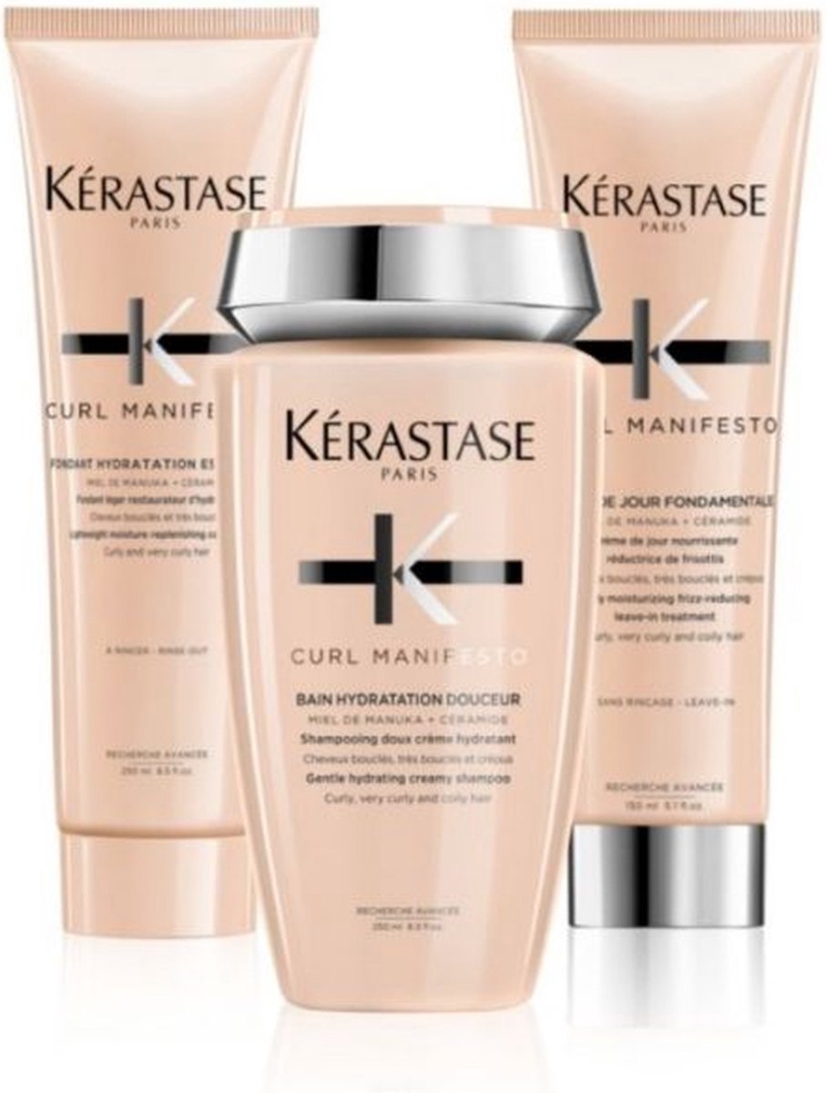 Kérastase Curl Manifesto Krullend haar pakket  - Krultype 2 - Bain Hydratation Douceur Shampoo 250ml - Fondant Hydratation Essentielle 250ml - Crème De Jour - Leave-in Conditioner 150 ml