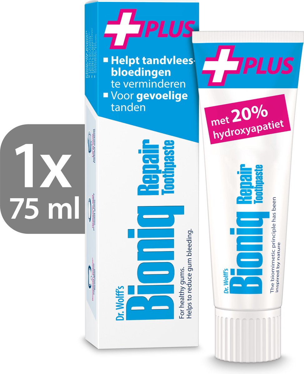 Dr. Wolff's Bioniq Repair Plus Tandpasta 1x 75ml | Fluoridevrij met biomimetisch tandglazuur (hydroxyapatiet)| voor gevoelige tanden | Helpt tandvleesbloedingen te verminderen 1X 75ml