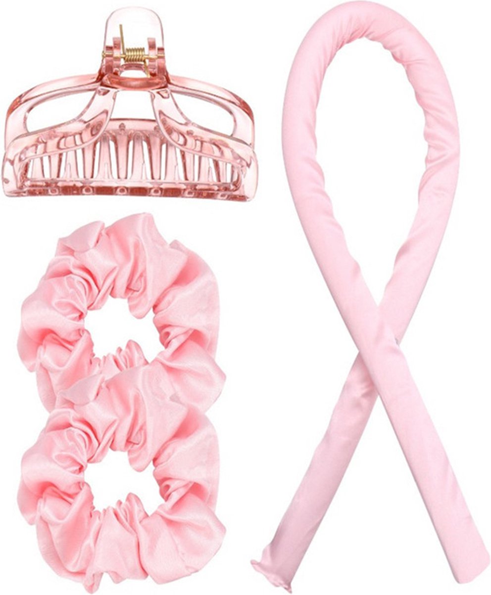 heatless curls- heatless hair curls- haarrollers- krullen zonder hitte-persoonlijke verzorging-  heatless curls met scrunchies en haarclip-roze of zwart