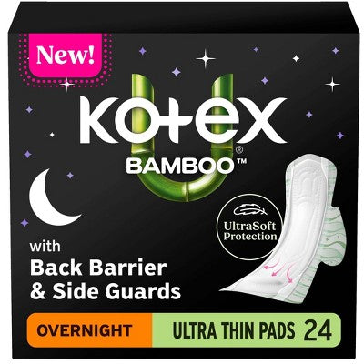 Kotex Bamboo Ultra-Thin Overnight Pads with Wings - 24ct