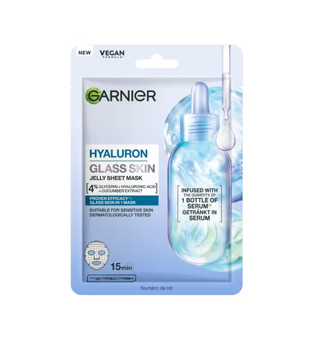Garnier Hyaluron Glass Skin Jelly Sheet Mask 4% Glycerin Hyaluronic Acid Cucumber Extract